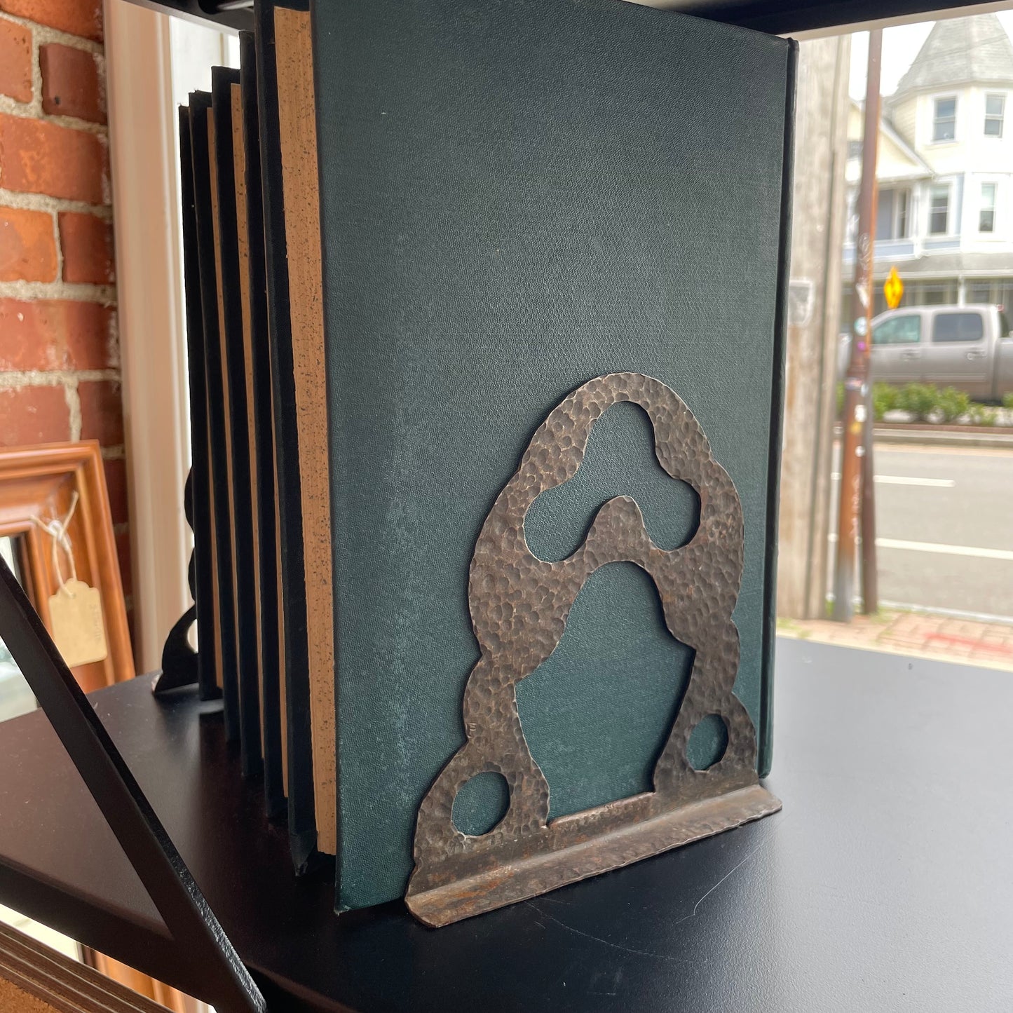 Brutalist Hammered Metal Bookends with Cutout Abstract Design