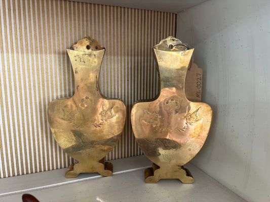 Mid-Century Etched Brass Wall Pockets – Pair of Bird & Floral Hanging Vases Hong Kong