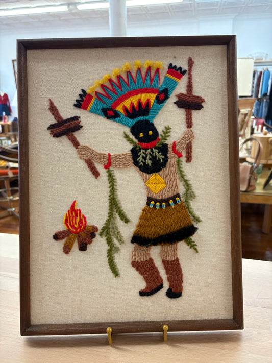 1970s Apache Gaan Dancer Needlepoint – Framed Native American Folk Art