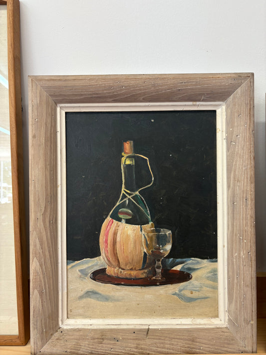 Still Life with Wine Bottle & Glass – Framed Vintage Acrylic Painting