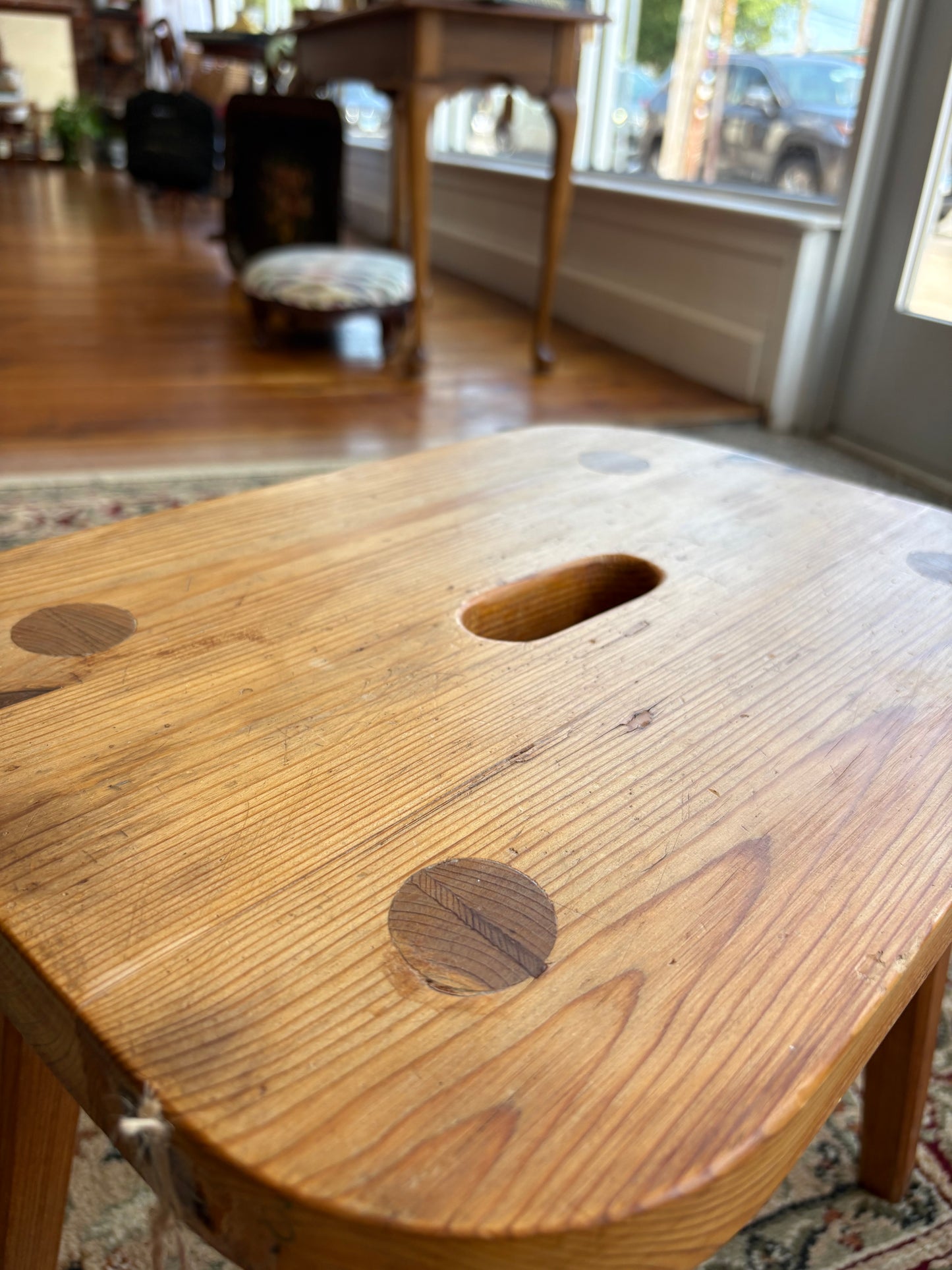 Signed “Karl 1993” Hand-Made Pine Stool – Tapered Legs, Carry Slot, 15″