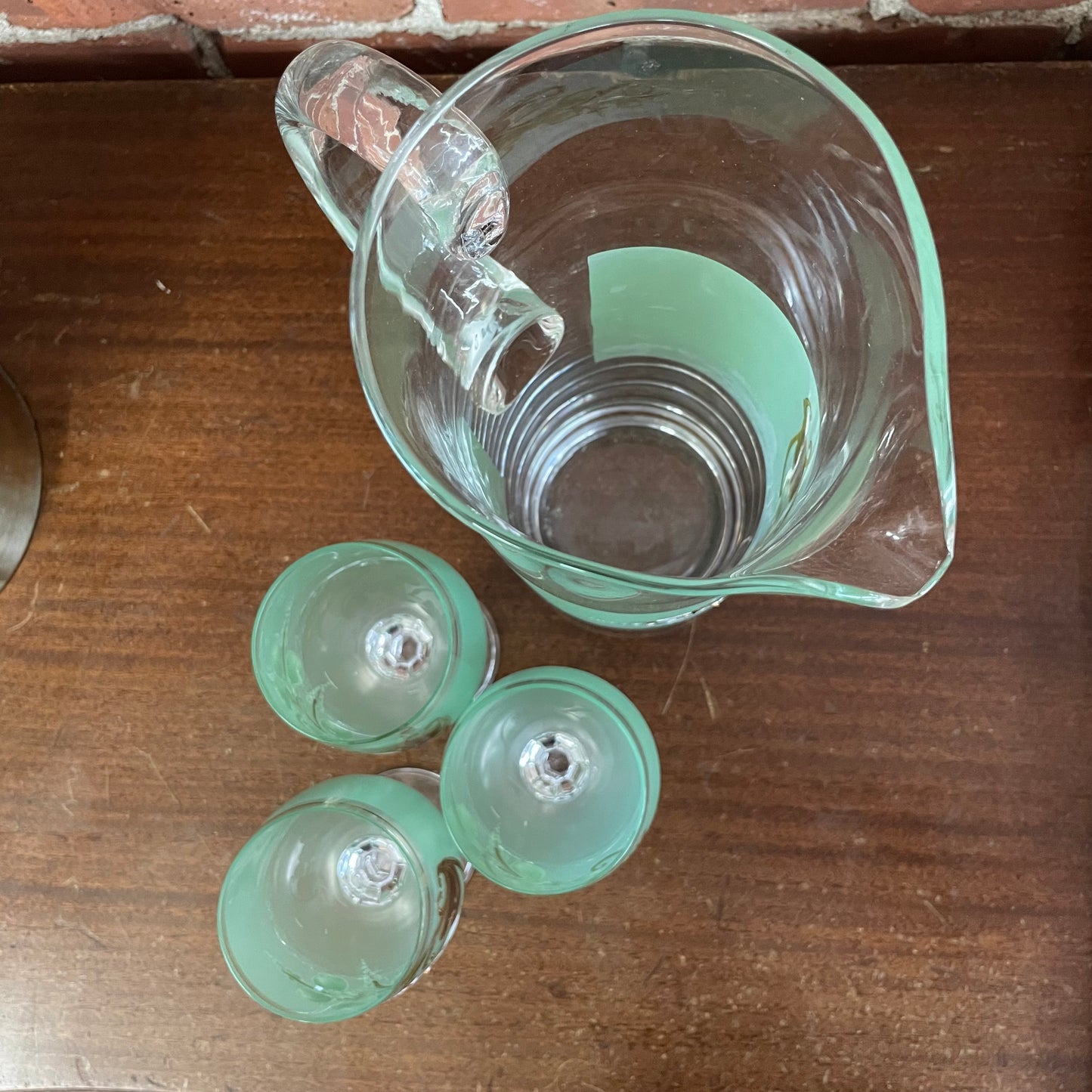 Vintage Bohemia Czech Green Glass Pitcher & Goblets Set, Hand Painted