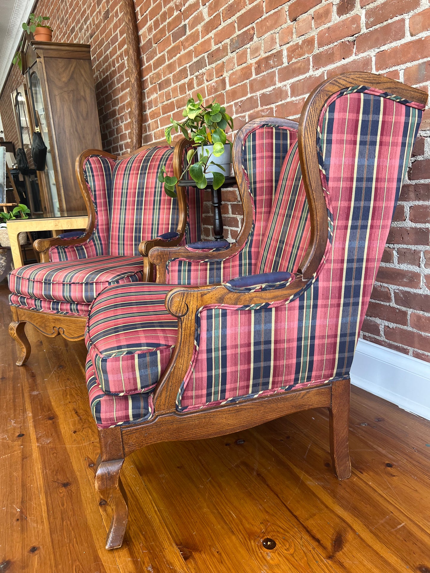 Pair of Vintage Plaid Wingback Chairs with Wood Frame – Classic Americana