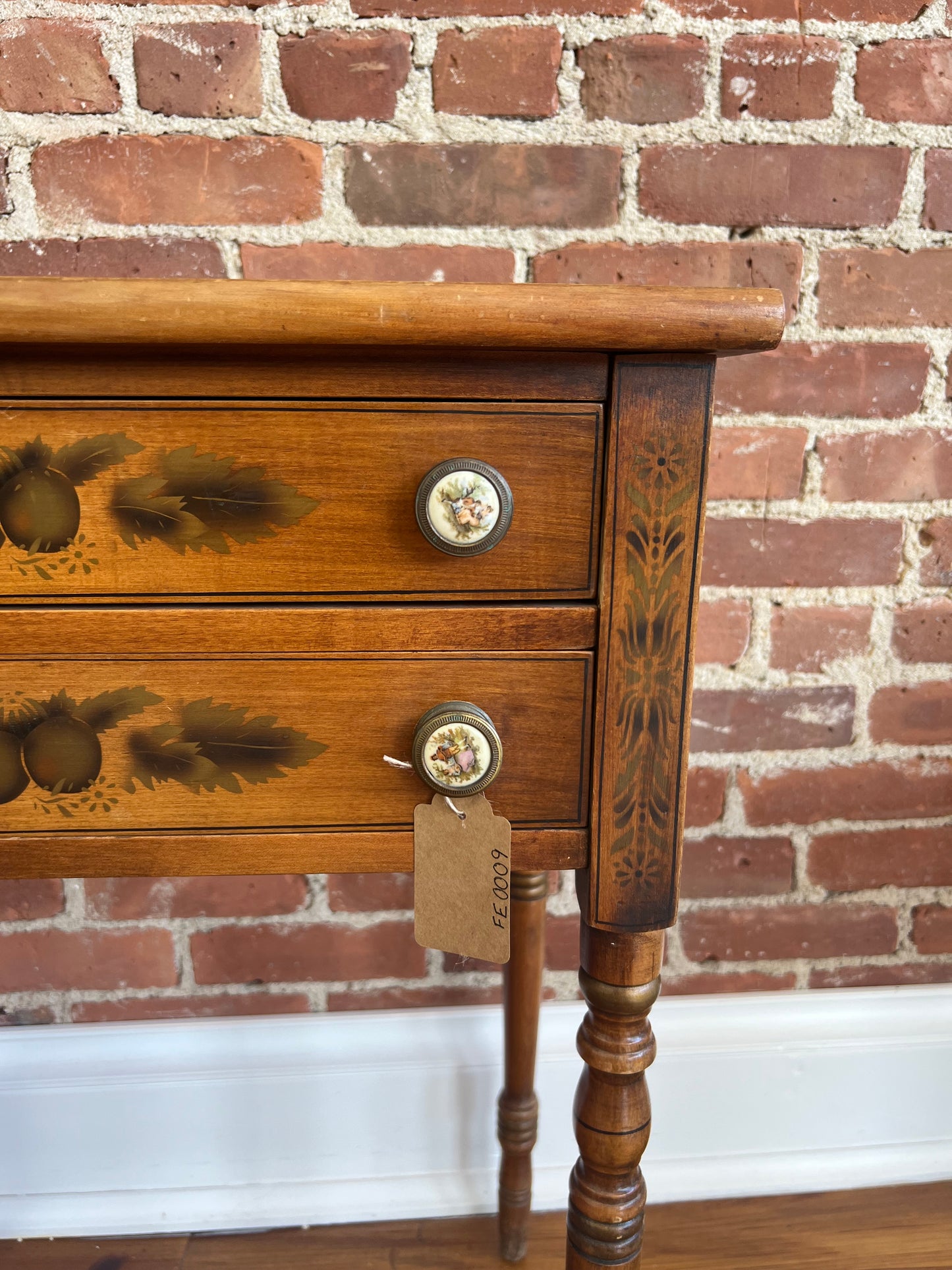 Antique Hitchcock Two-Drawer Side Table with Stenciled Fruit Design