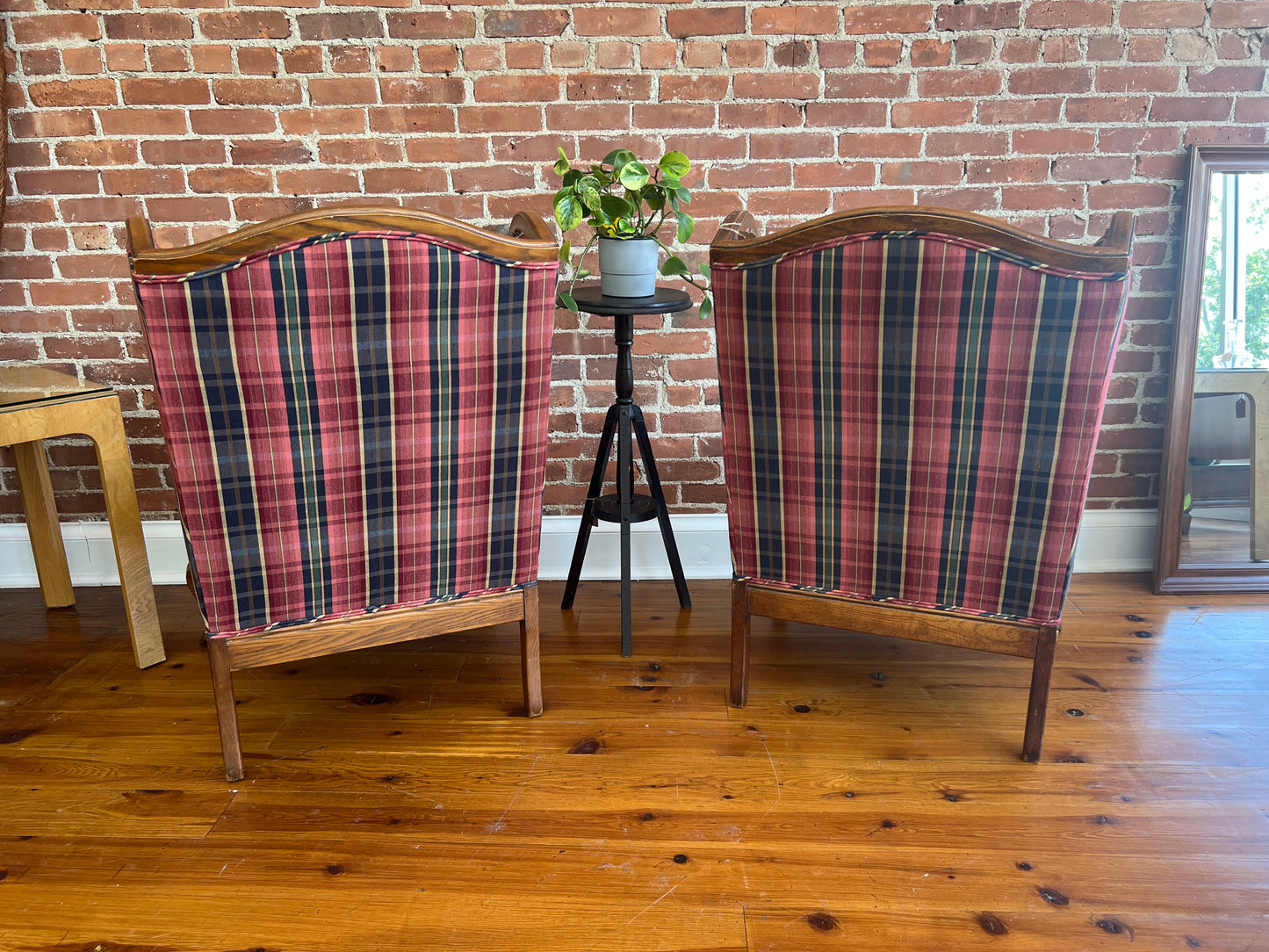 Pair of Vintage Plaid Wingback Chairs with Wood Frame – Classic Americana