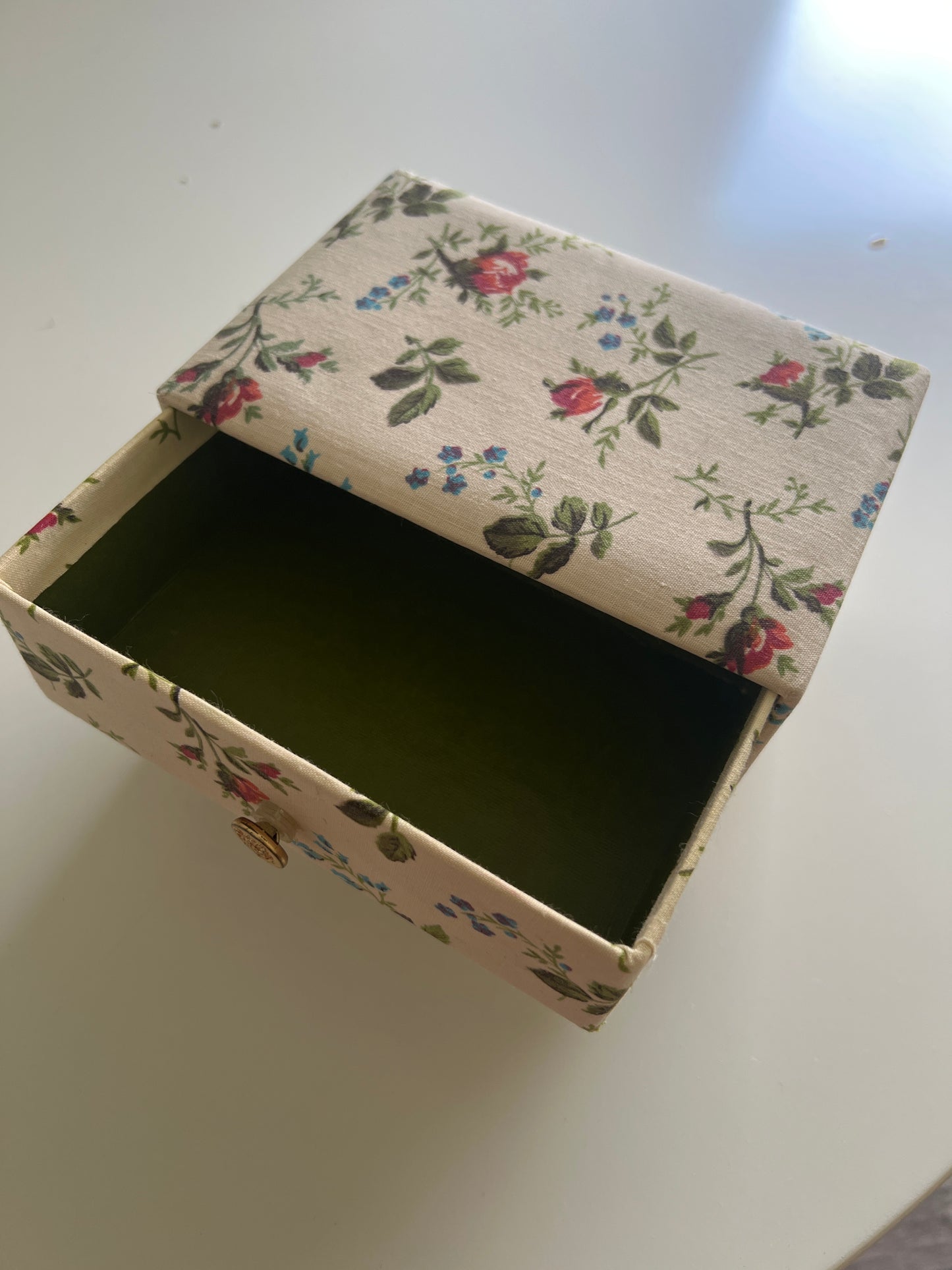 Renner Davis Floral Fabric Jewelry Box, Cottage Roses, Lidded with Two Drawers