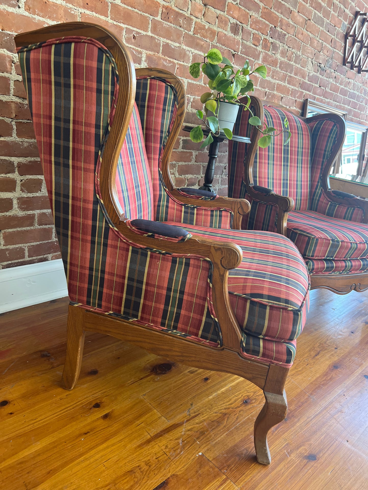 Pair of Vintage Plaid Wingback Chairs with Wood Frame – Classic Americana