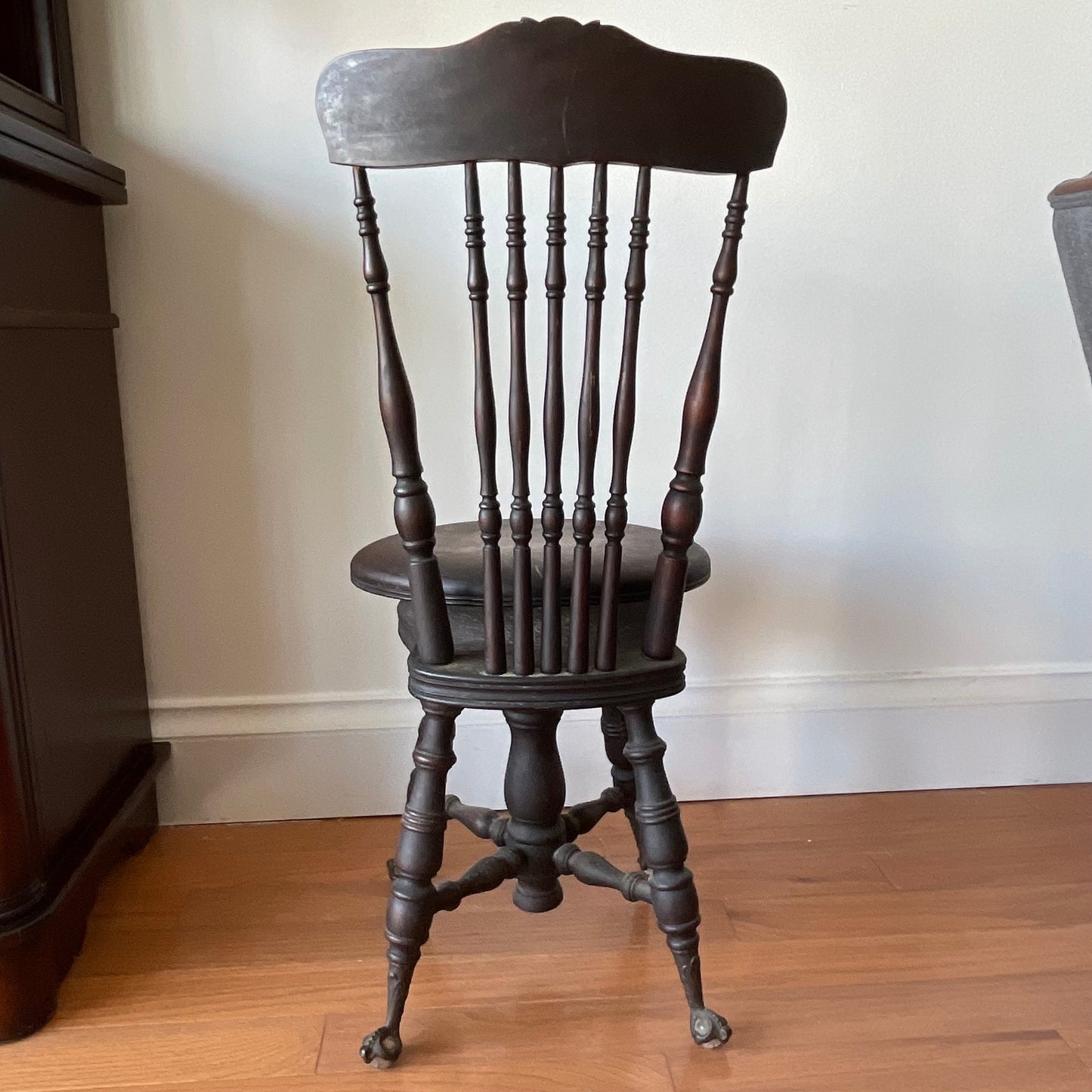 Antique Swivel Piano Chair with Claw Feet and Carved Backrest