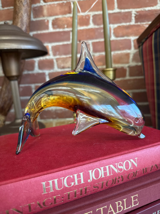 Murano Style Art Glass Dolphin Figurine in Amber and Blue, 7.25”