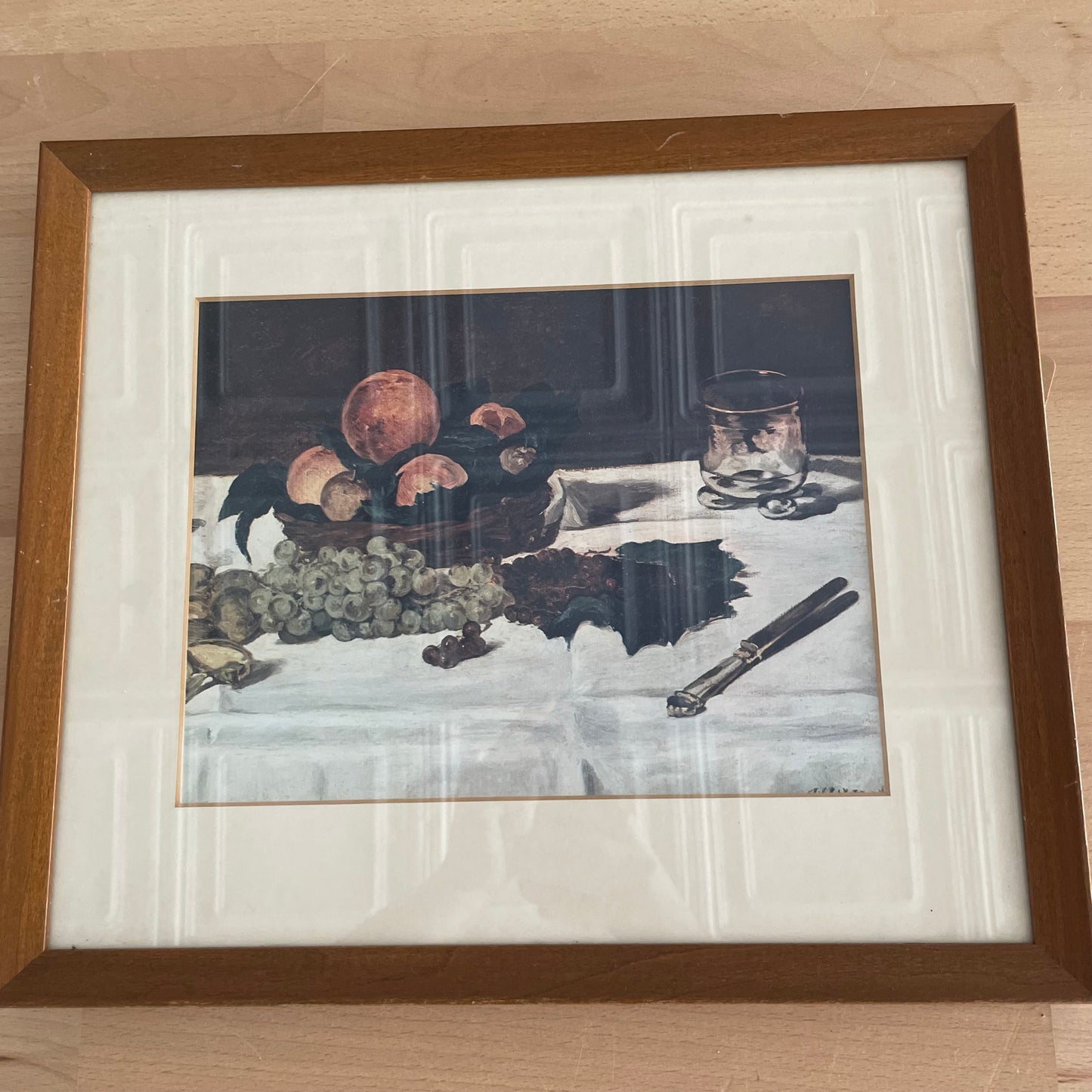 Vintage Framed Still Life Print – Fruit on Table with Glass & Knife