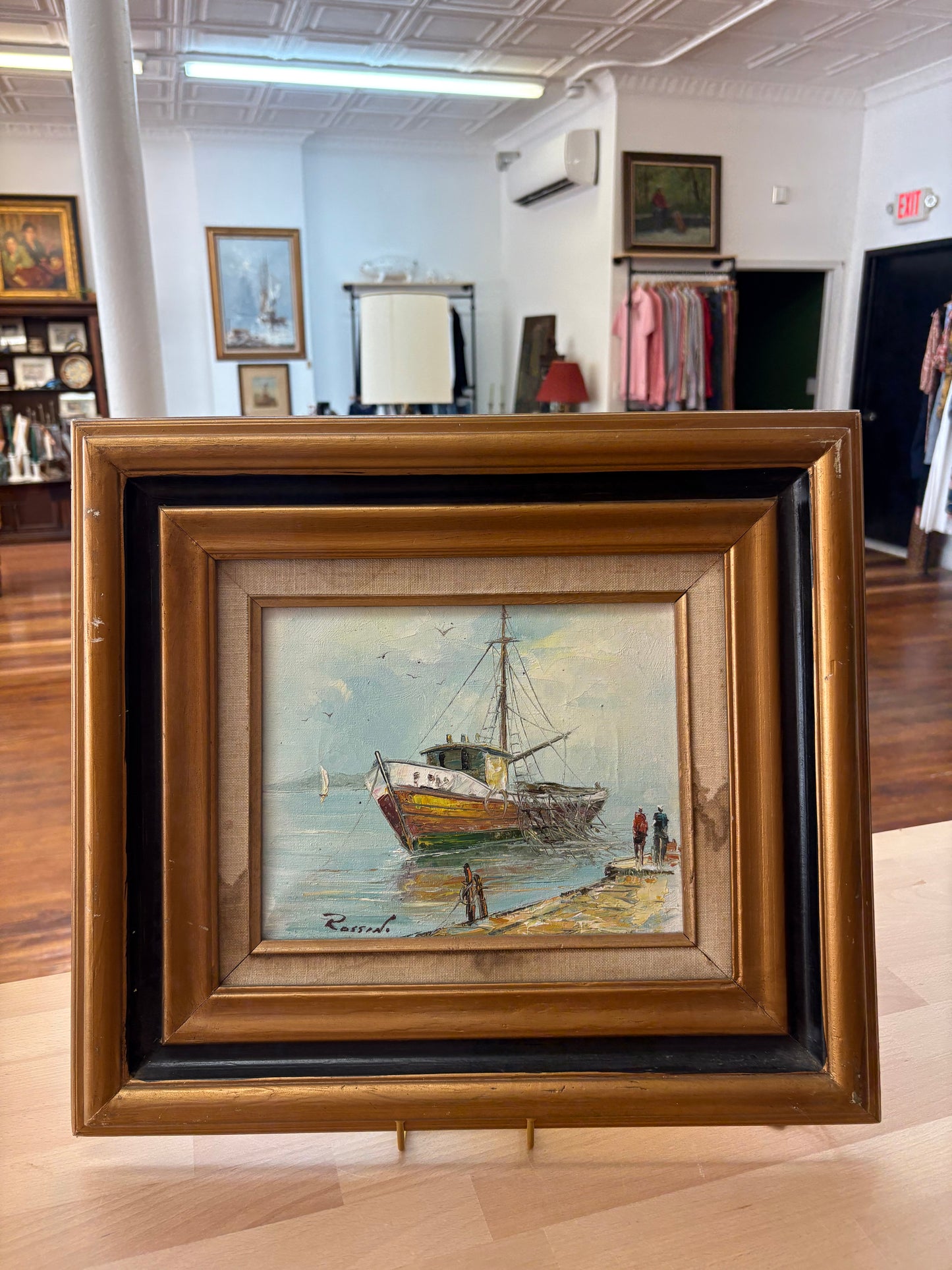 Shirley Rossini Oil – Fishing Boat at Dock, Signed, Framed Nautical Scene 18″