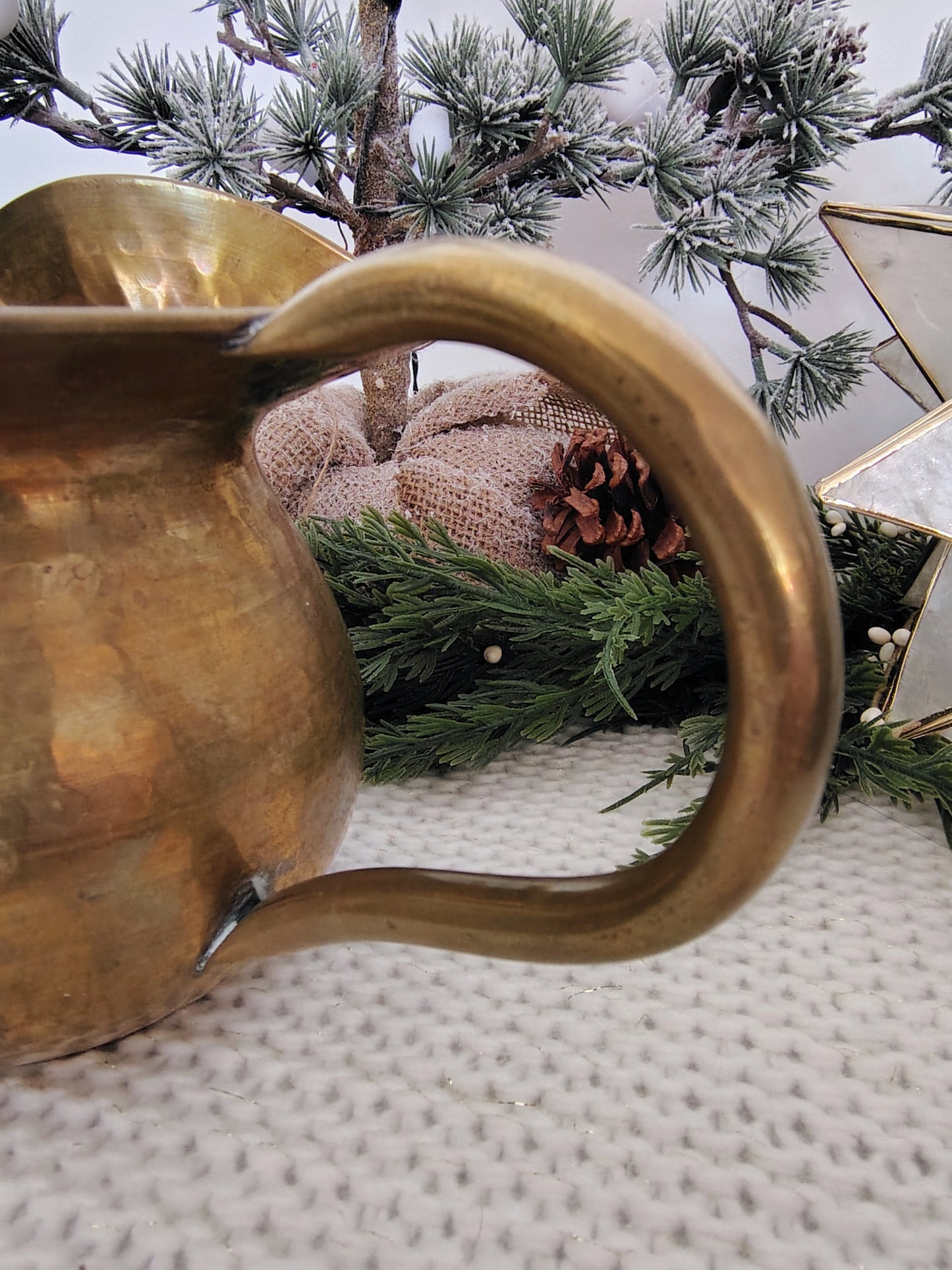Vintage Hand-Hammered Brass Pitcher Rustic Fall Decor, Halloween Christmas, Farmhouse Style Vase or Jug (6” H x 8.5” W with Handle)