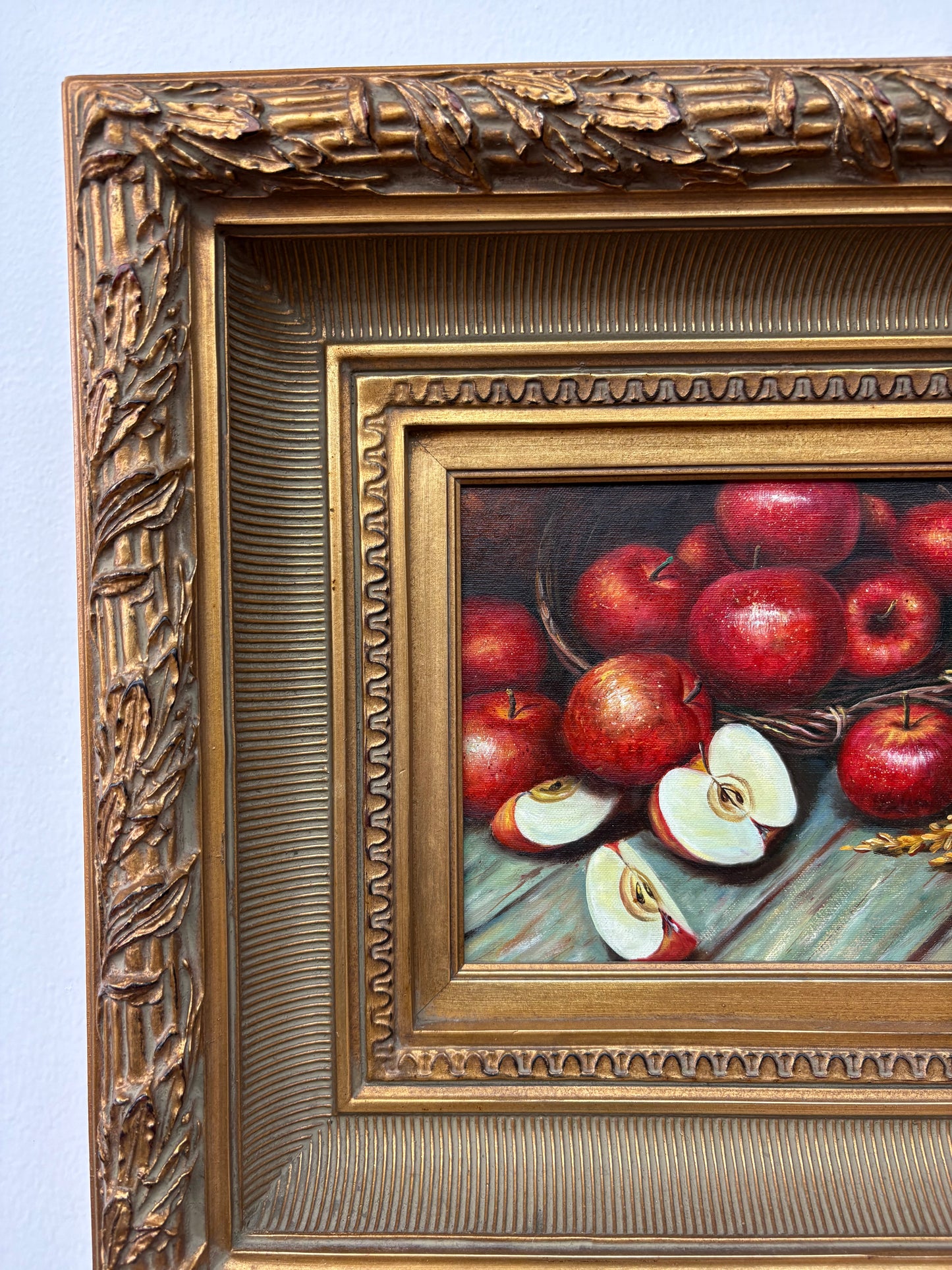 Framed Still-Life Oil – Basket of Red Apples, Ornate Gilt Frame, 20″ × 18″