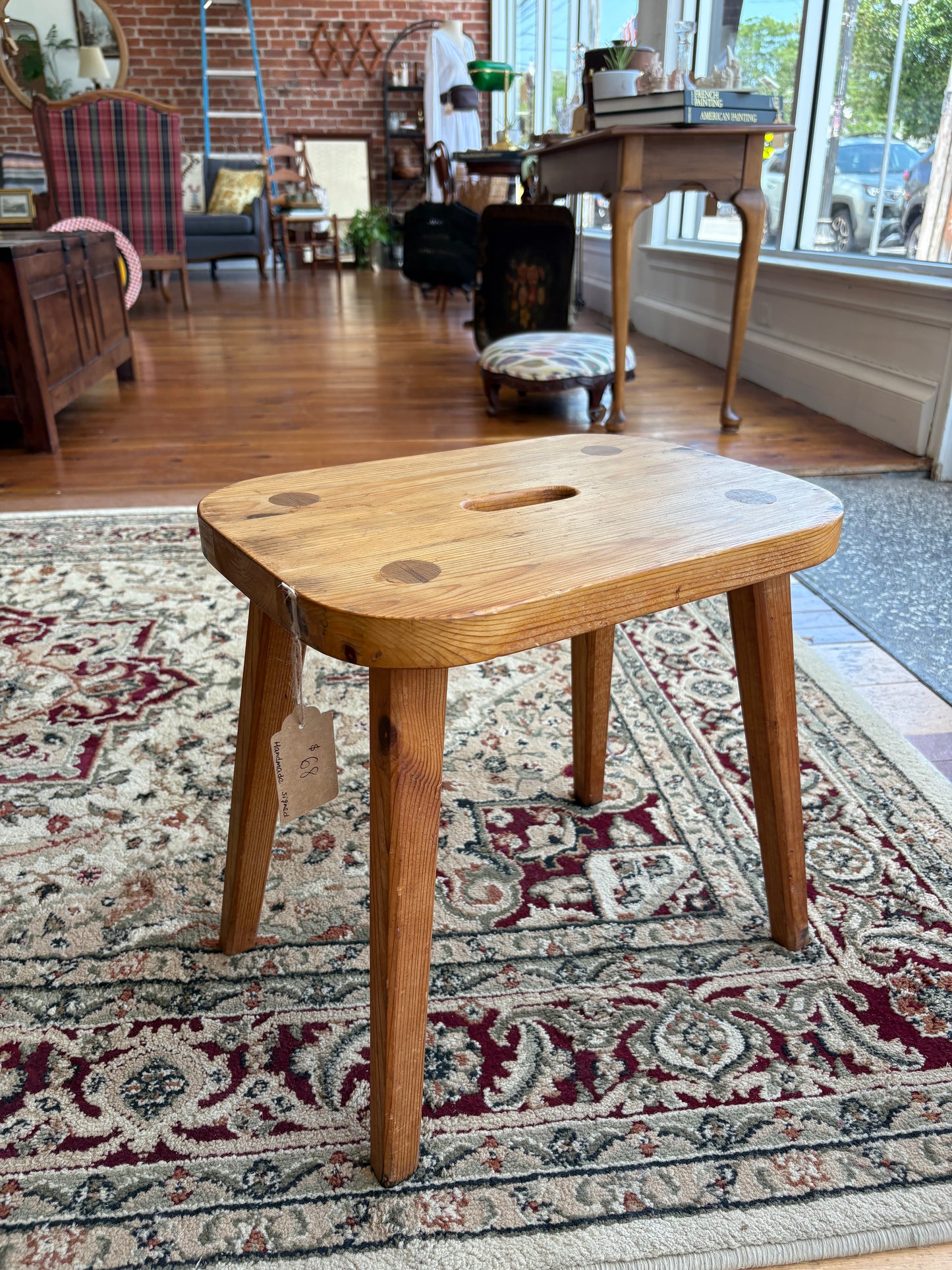 Signed “Karl 1993” Hand-Made Pine Stool – Tapered Legs, Carry Slot, 15″