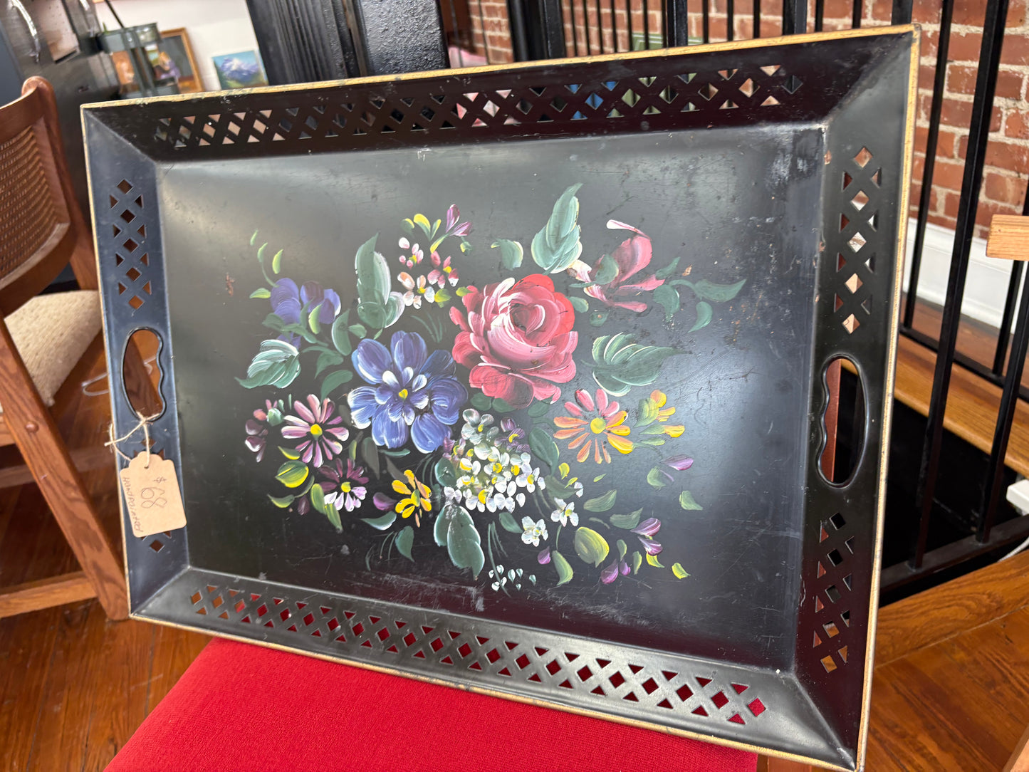 Vintage Hand-Painted Black Metal Floral Tray with Pierced Edges