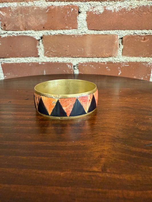 Vintage Brass Bangle with Geometric Enamel Design – 2.75” Diameter Bracelet