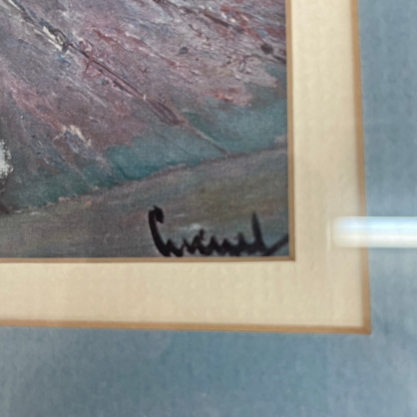 Framed Print of Woman in Boat with Parasol, Signed Artwork in Blue Mat