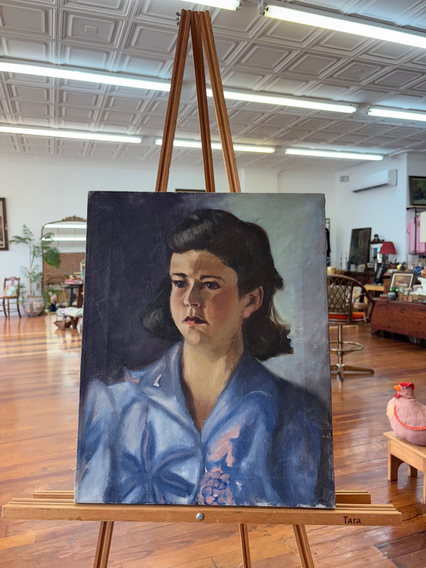 Mid-Century Oil Portrait – Young Woman in Blue Blouse, Realist Canvas, 24″