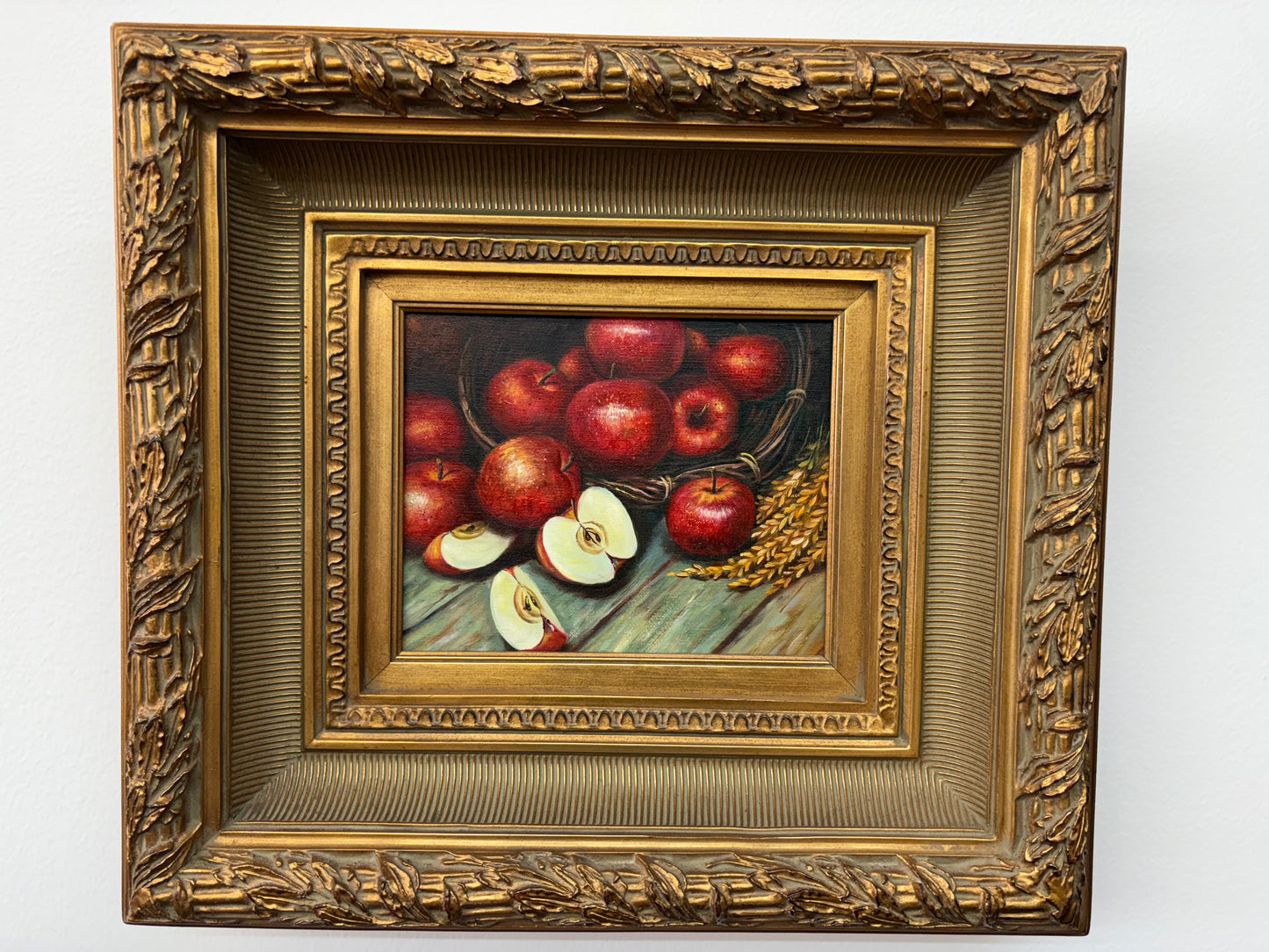 Framed Still-Life Oil – Basket of Red Apples, Ornate Gilt Frame, 20″ × 18″