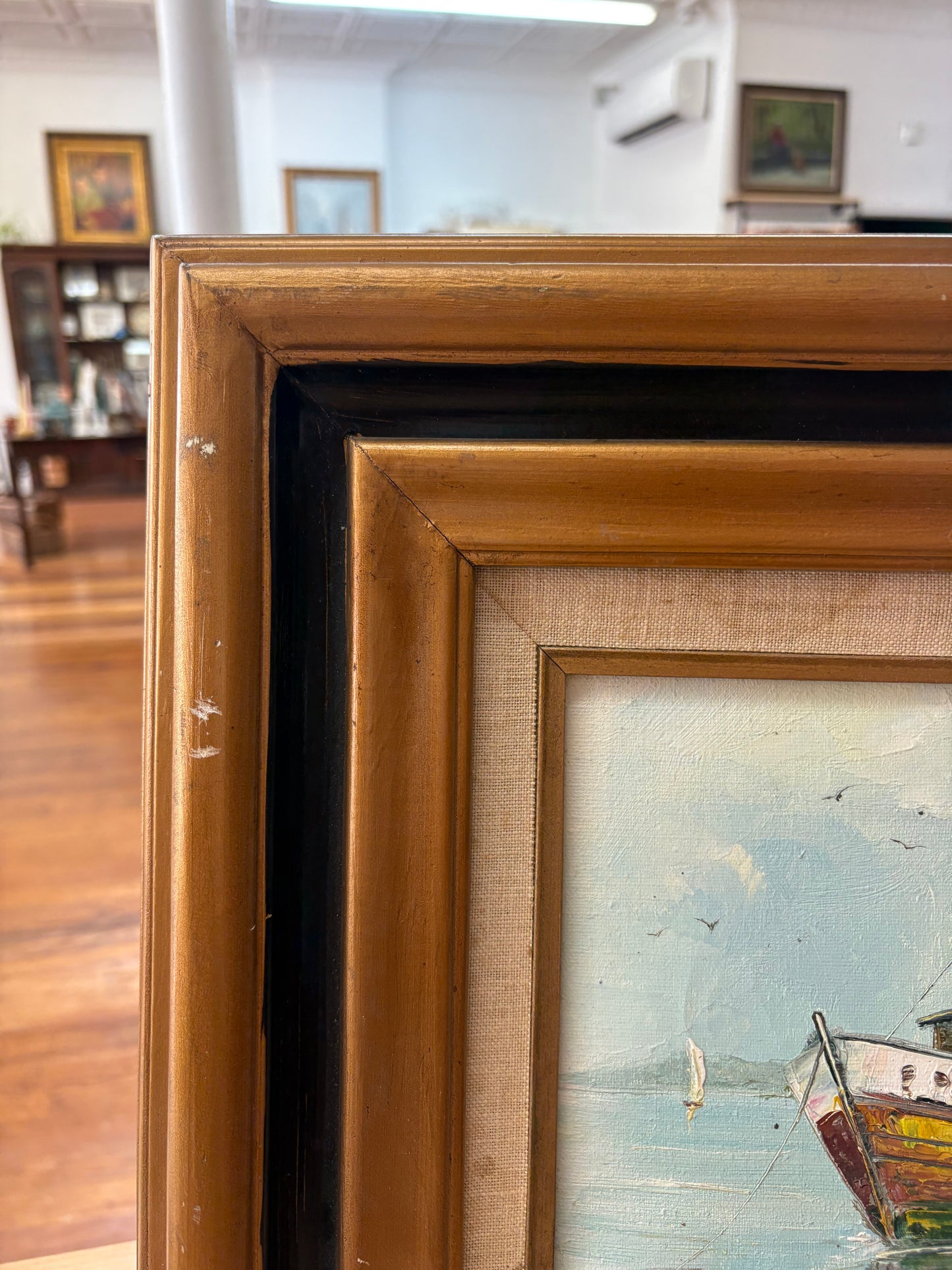 Shirley Rossini Oil – Fishing Boat at Dock, Signed, Framed Nautical Scene 18″