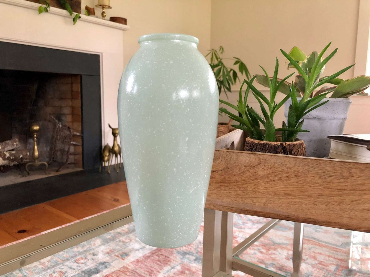 1980s Studio Nova Portugal 9” Tall Art Glass Vase - Mint/Aqua Green Glass, Speckled White - Loom Vintage