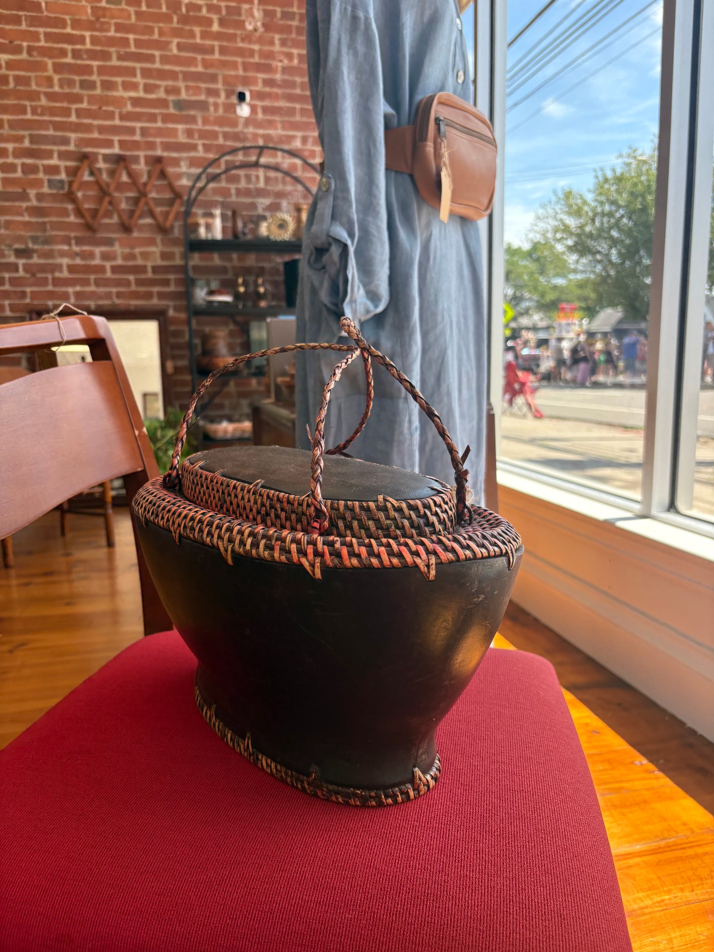 Hand-Carved Wood & Woven Basket with Lid – Vintage South Asian Folk Art