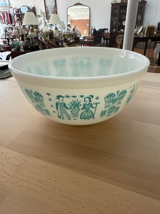 Vintage Pyrex Amish Butterprint Mixing Bowl – White with Blue Design (4” x 8.75”)