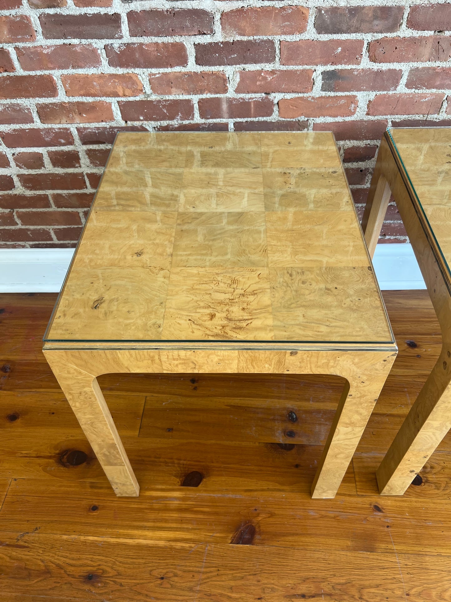 Pair of Henredon Scene Two Burl Wood & Glass End Tables, 1980s MCM