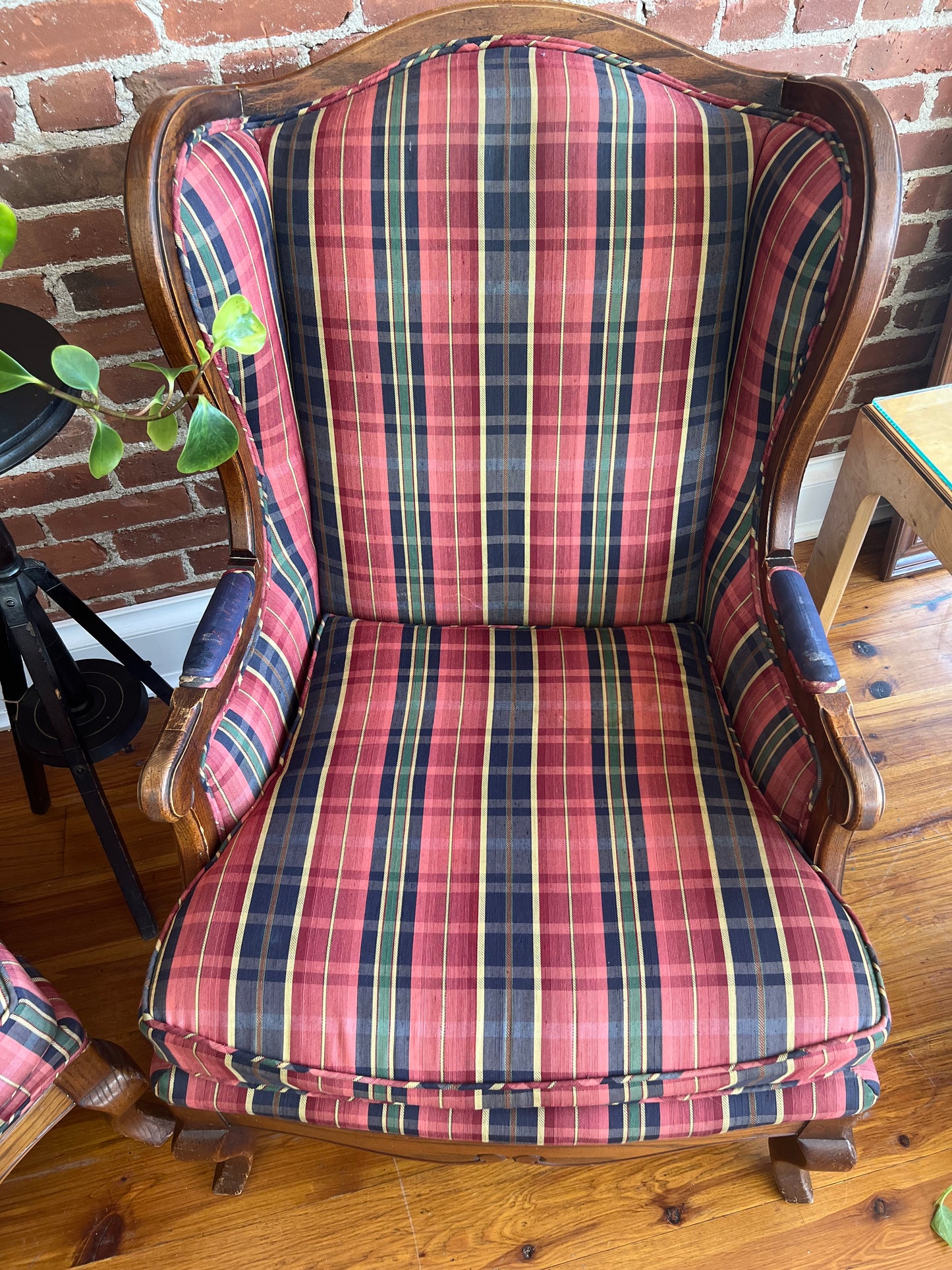Pair of Vintage Plaid Wingback Chairs with Wood Frame – Classic Americana
