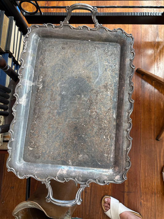 Large Ornate Silver-Plated Serving Tray with Handles