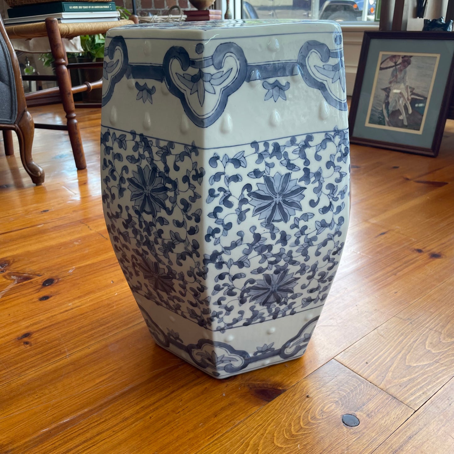 Blue and White Hexagonal Porcelain Garden Stool – Chinese Style Accent