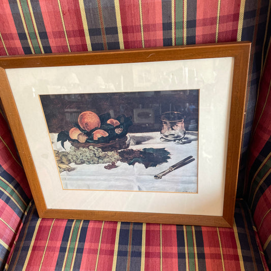 Vintage Framed Still Life Print – Fruit on Table with Glass & Knife