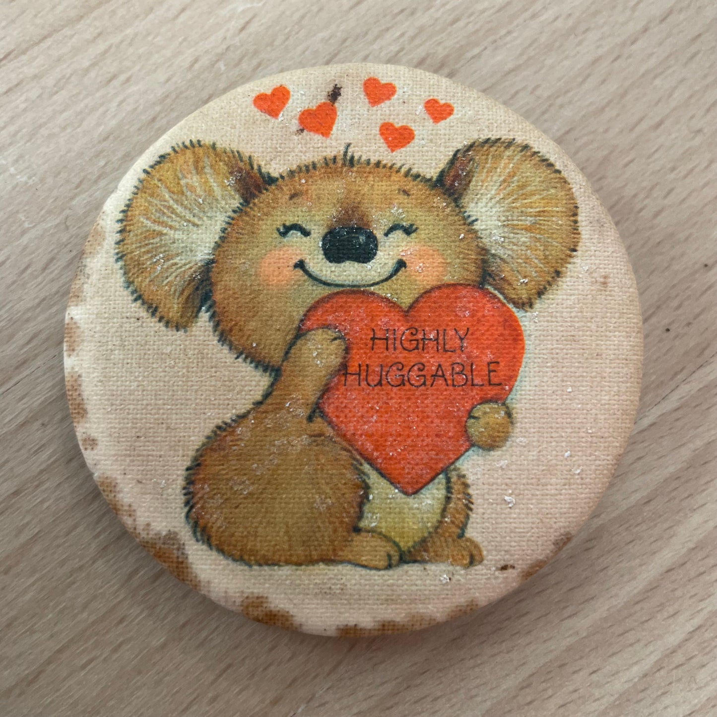Vintage 1980 “Highly Huggable” Koala Pinback Button – 2.25” Cute Retro Pin