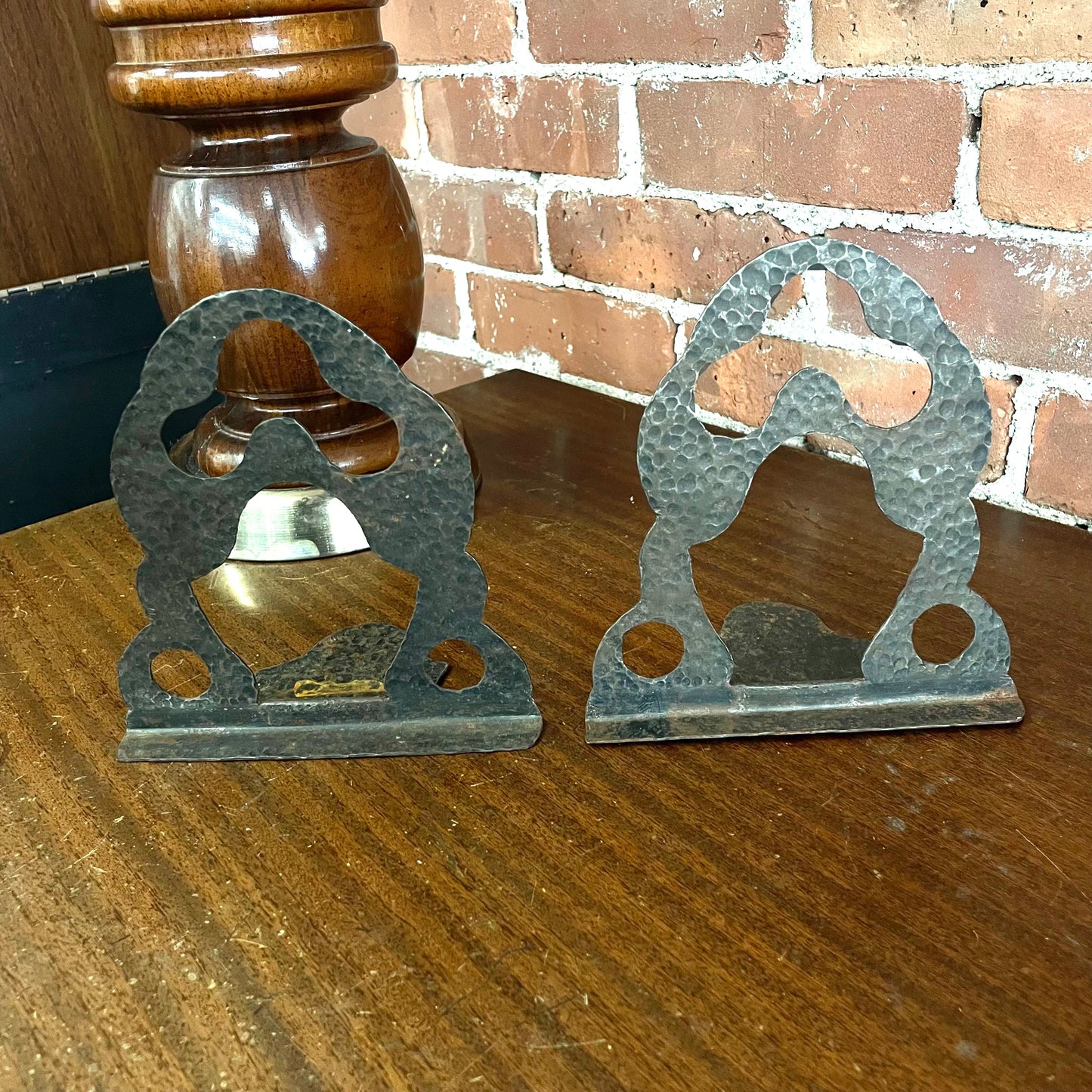 Brutalist Hammered Metal Bookends with Cutout Abstract Design