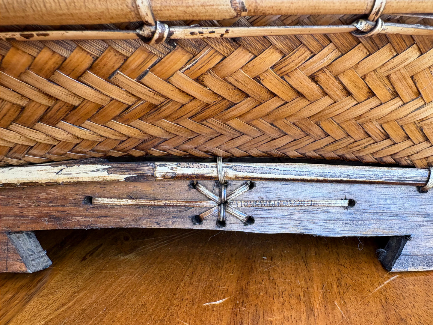 Handmade Thai Woven Wicker Basket with Footed Wood Base and Bamboo Trim