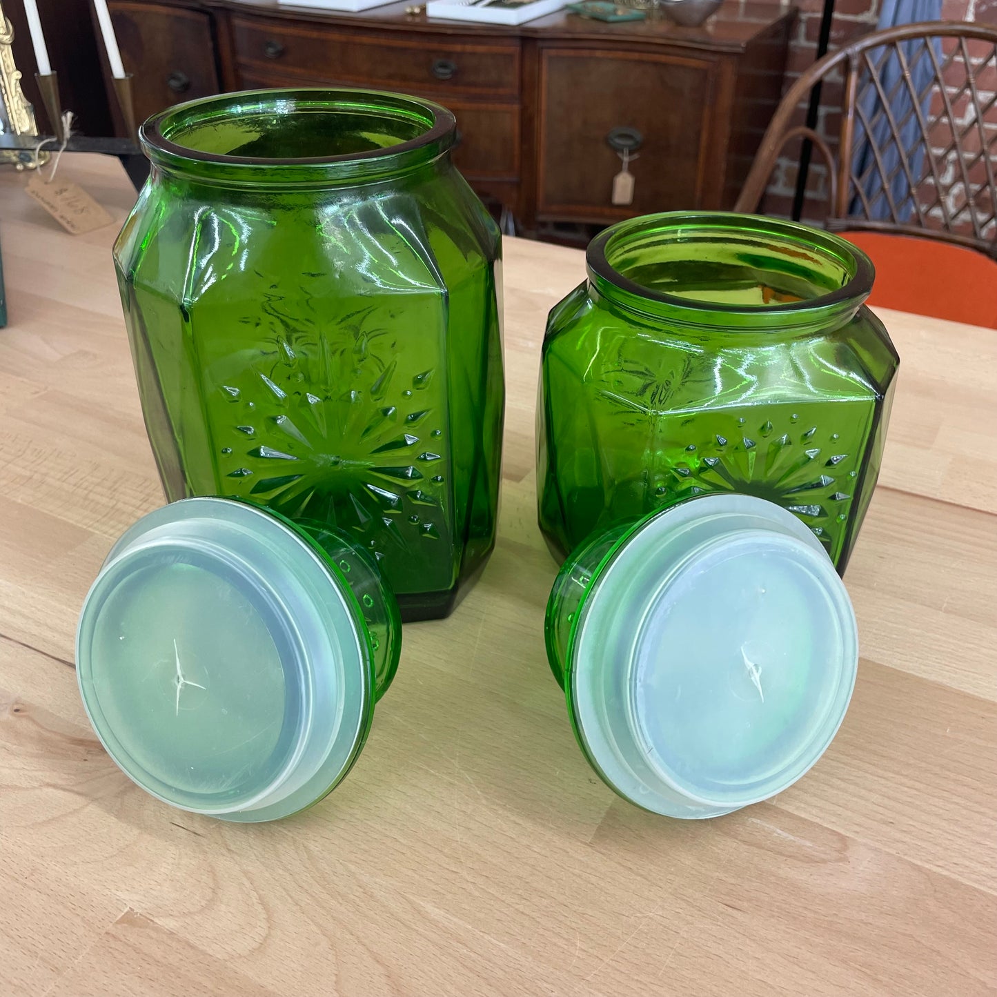 Vintage Wheaton Green Glass Canisters – Set of 2 with Starburst Design