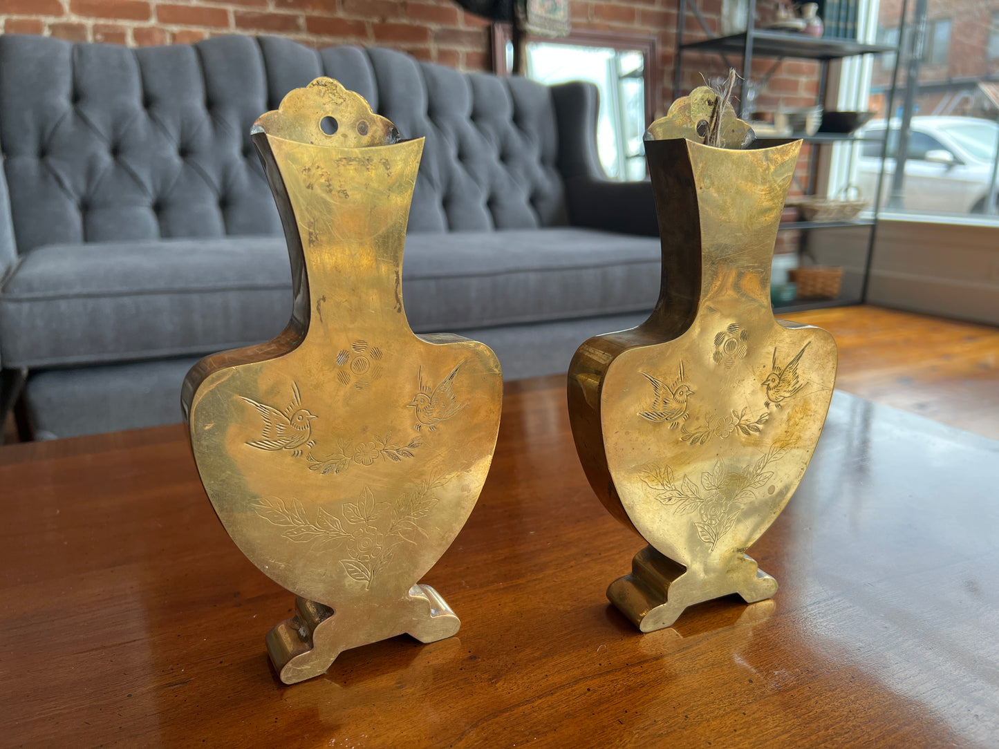 Mid-Century Etched Brass Wall Pockets – Pair of Bird & Floral Hanging Vases Hong Kong