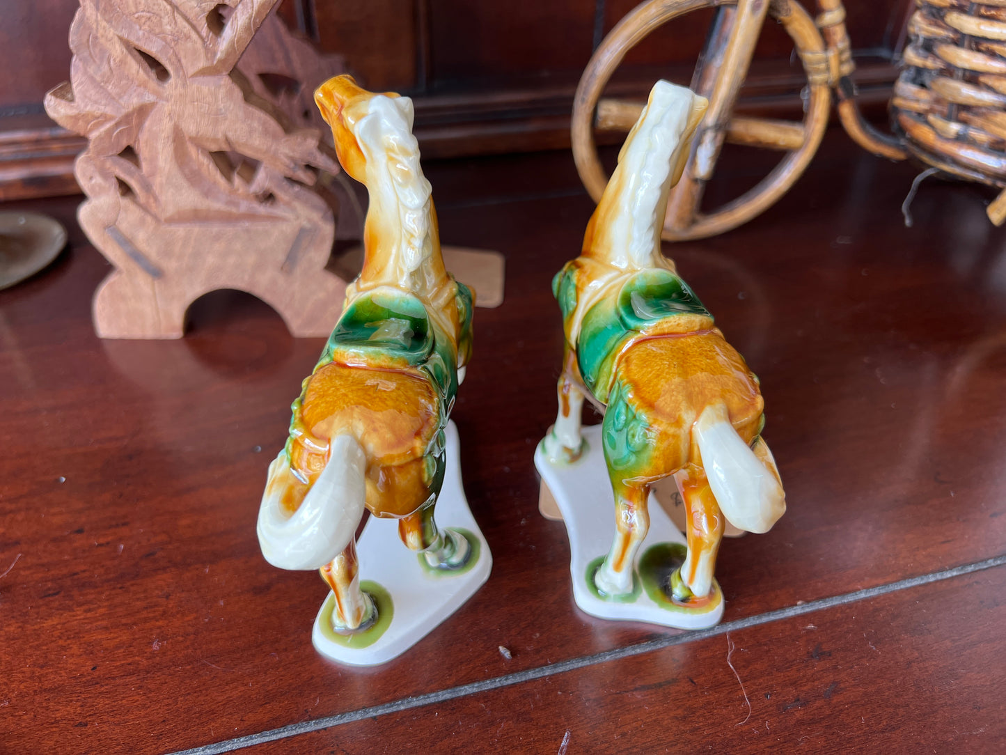 Vintage Ceramic Horse Figurines, Hand-Painted Tang Style Pair