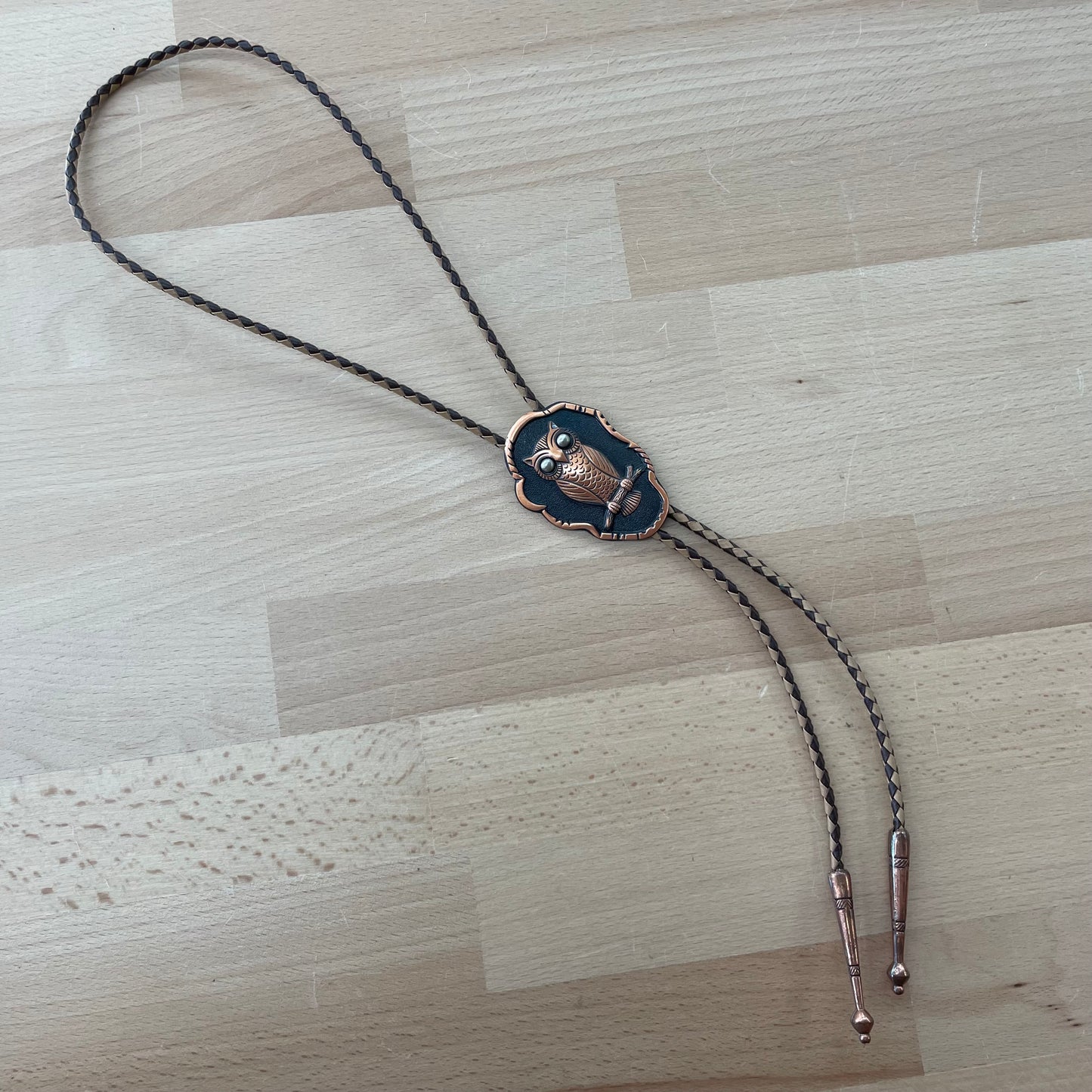 Vintage Bell Trading Co. Solid Copper Owl Bolo Tie with Leather Cord Native American