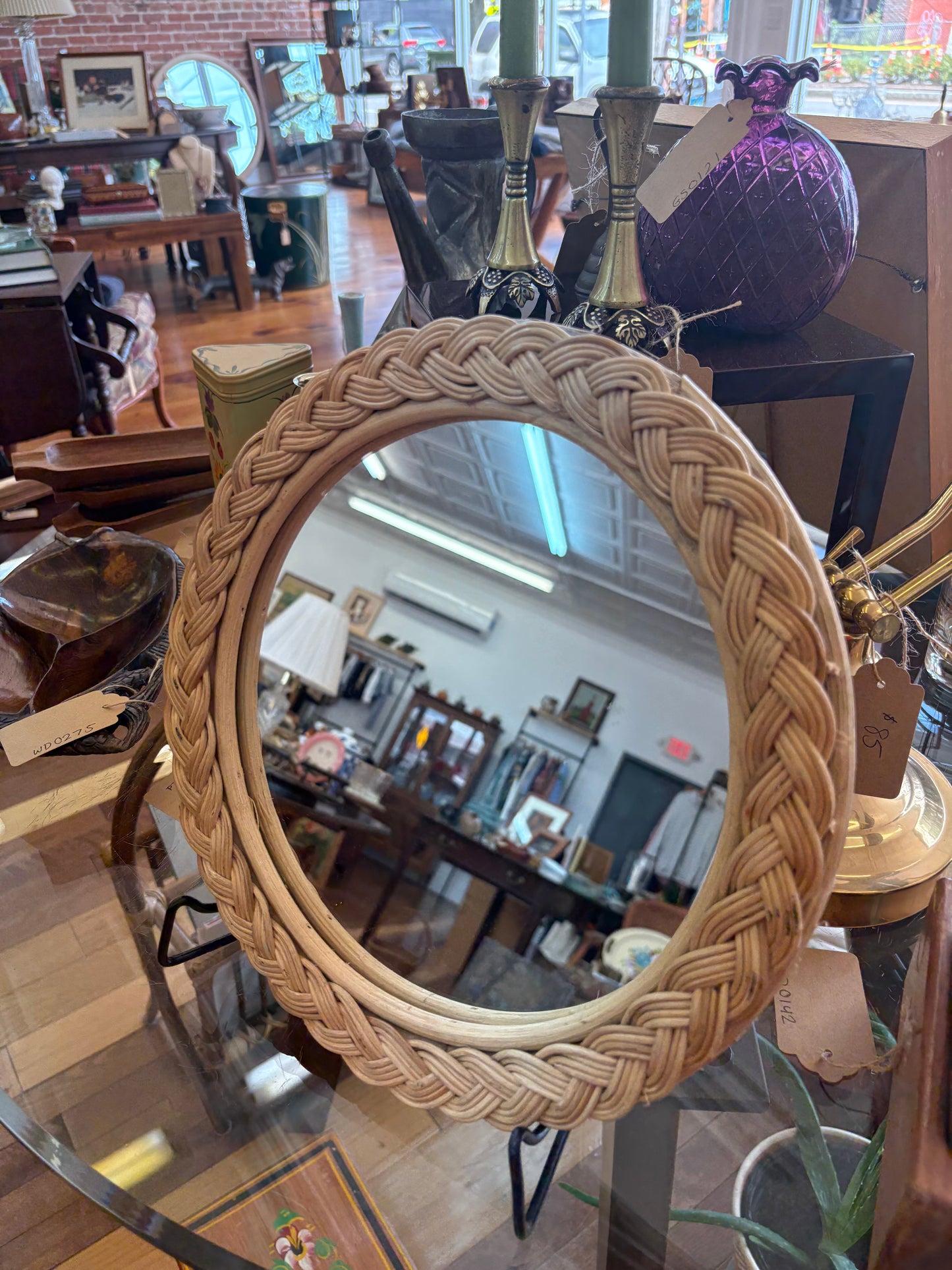 Vintage Braided Straw Round Wall Mirror – 12" Natural Woven Frame