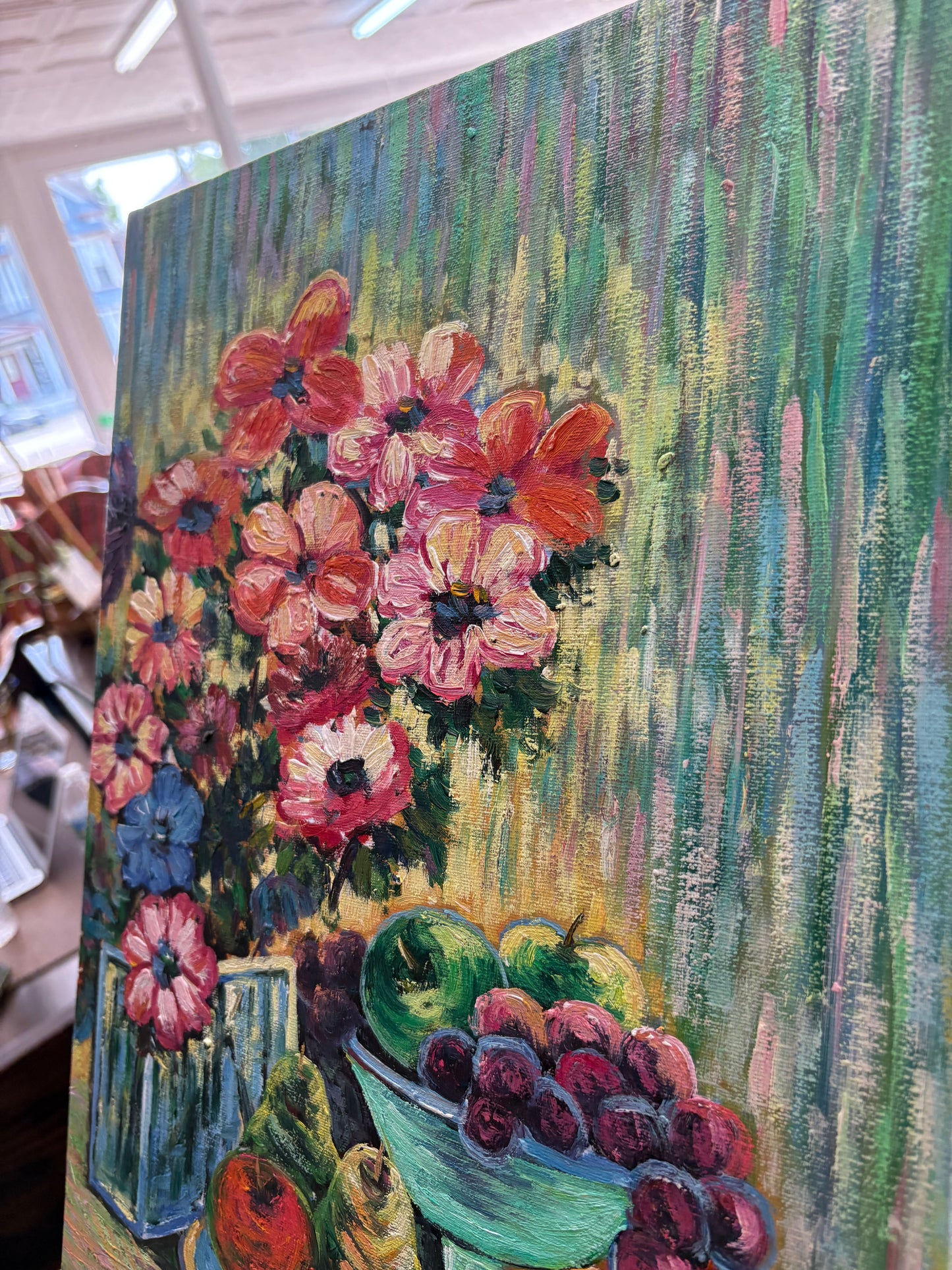 Vibrant Floral & Fruit Still-Life Oil on Canvas – Signed “Calder,” Post-Impressionist