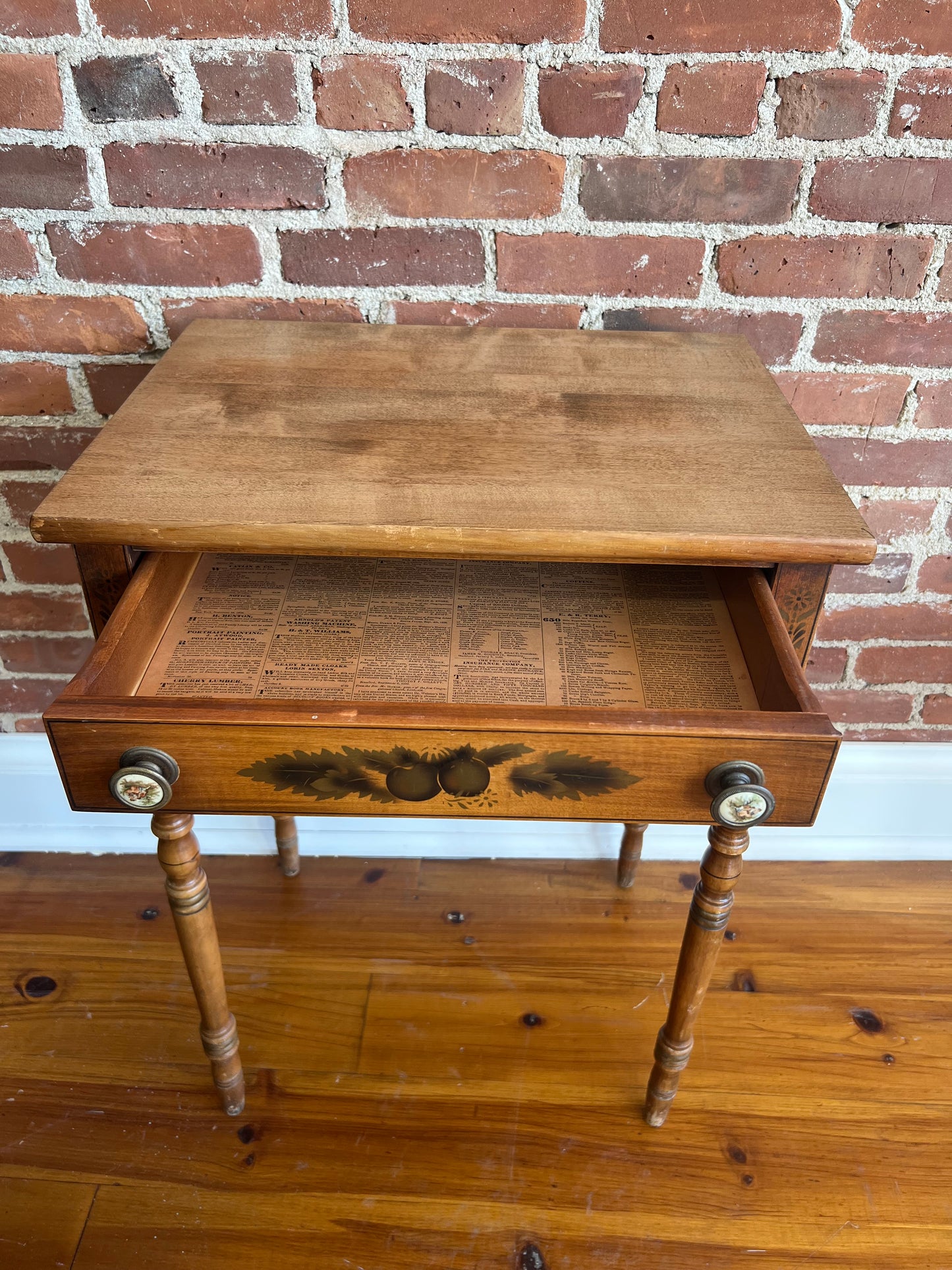 Antique Hitchcock Two-Drawer Side Table with Stenciled Fruit Design