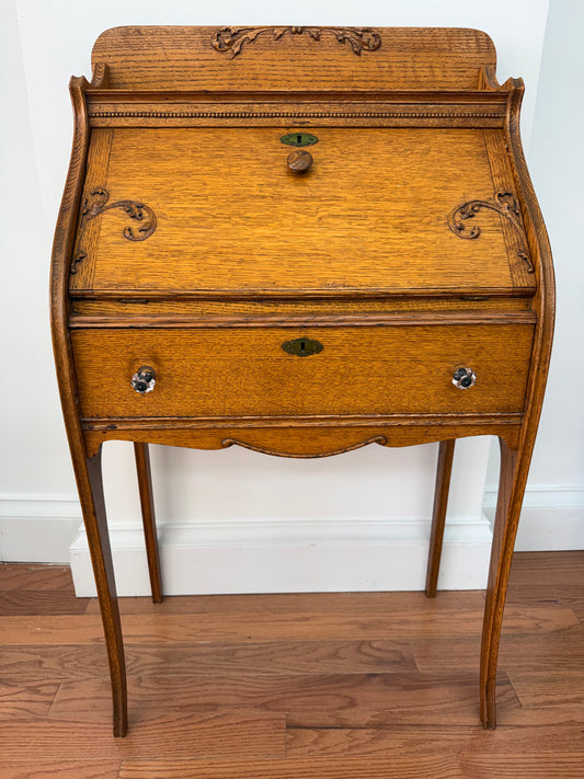 Vintage Carved Wood Secretary Desk with Drop Front Writing Surface
