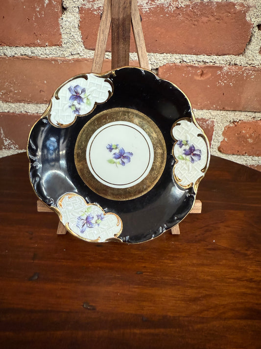Winterling Bavaria Germany Porcelain Trinket Dish – Black & Gold with Violet Flowers, 4.5”