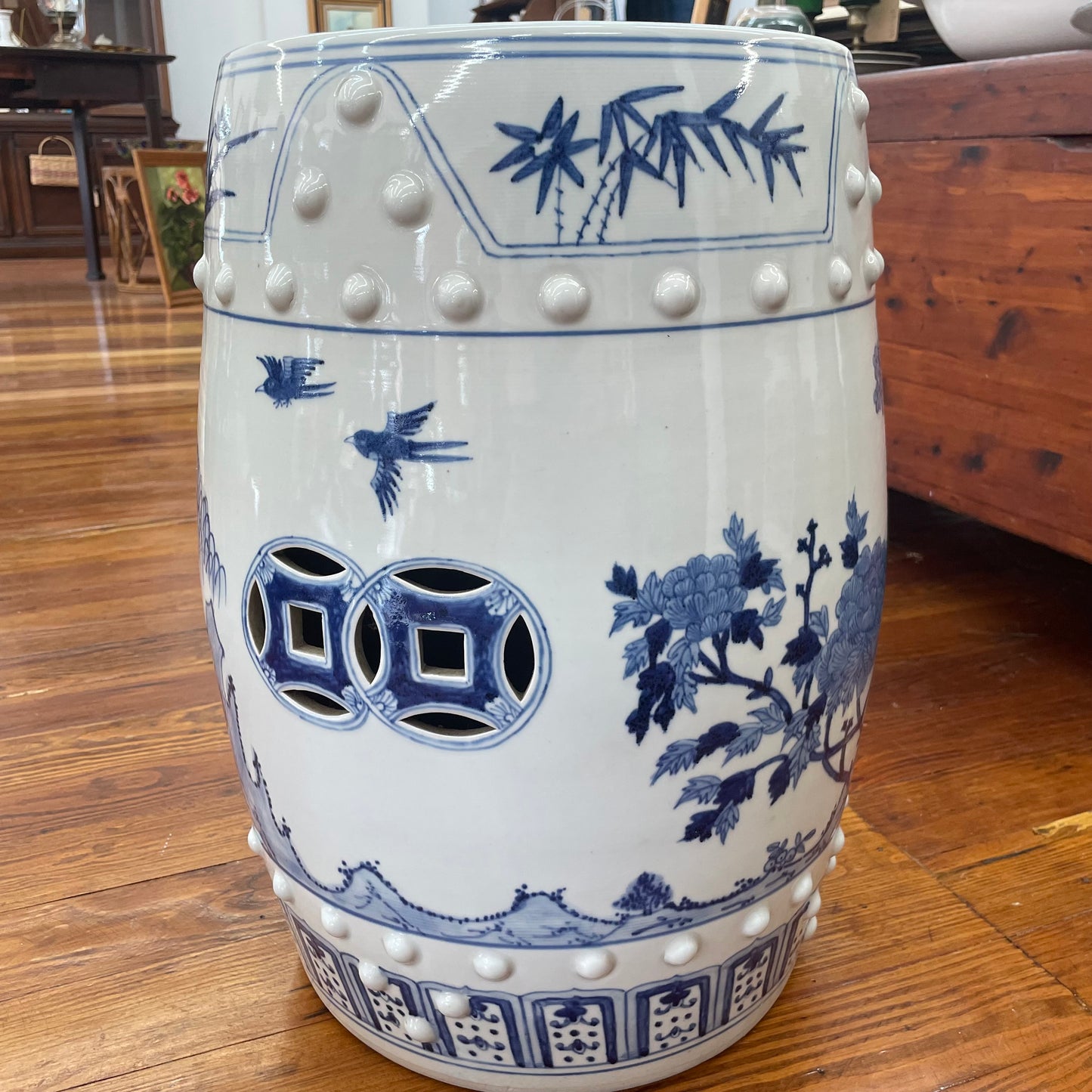Blue and White Chinese Porcelain Garden Stool with Phoenix Design