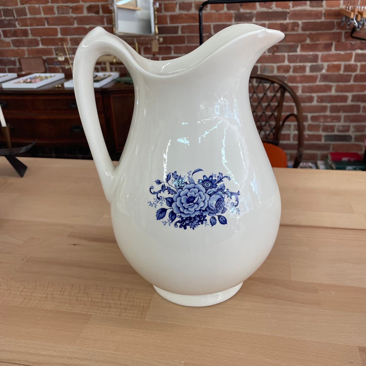 Vintage Blue & White Floral Ceramic Wash Basin and Pitcher Set