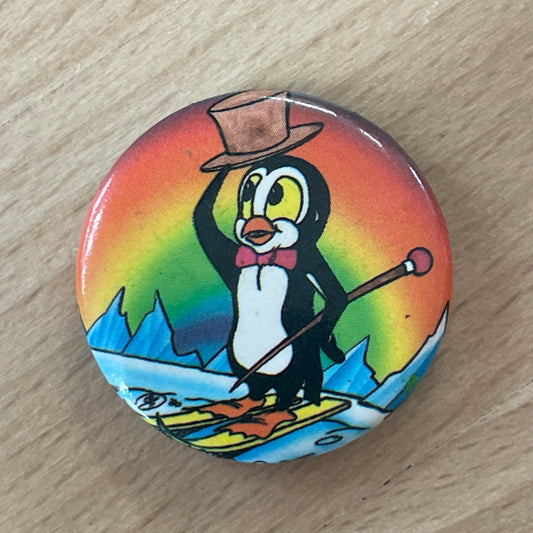 Vintage Rainbow Penguin Button Pin – 1980s Made in USA – 1.25” Diameter