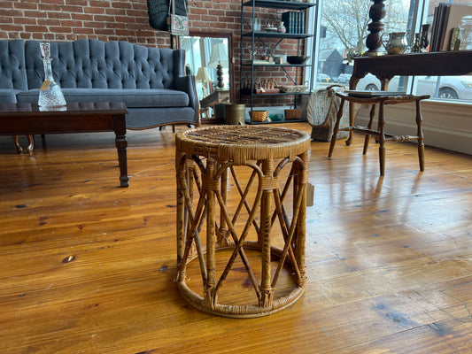 1960s Burnt Bamboo Drum Table – Tortoise Cane Plant Stand or Boho Side Table