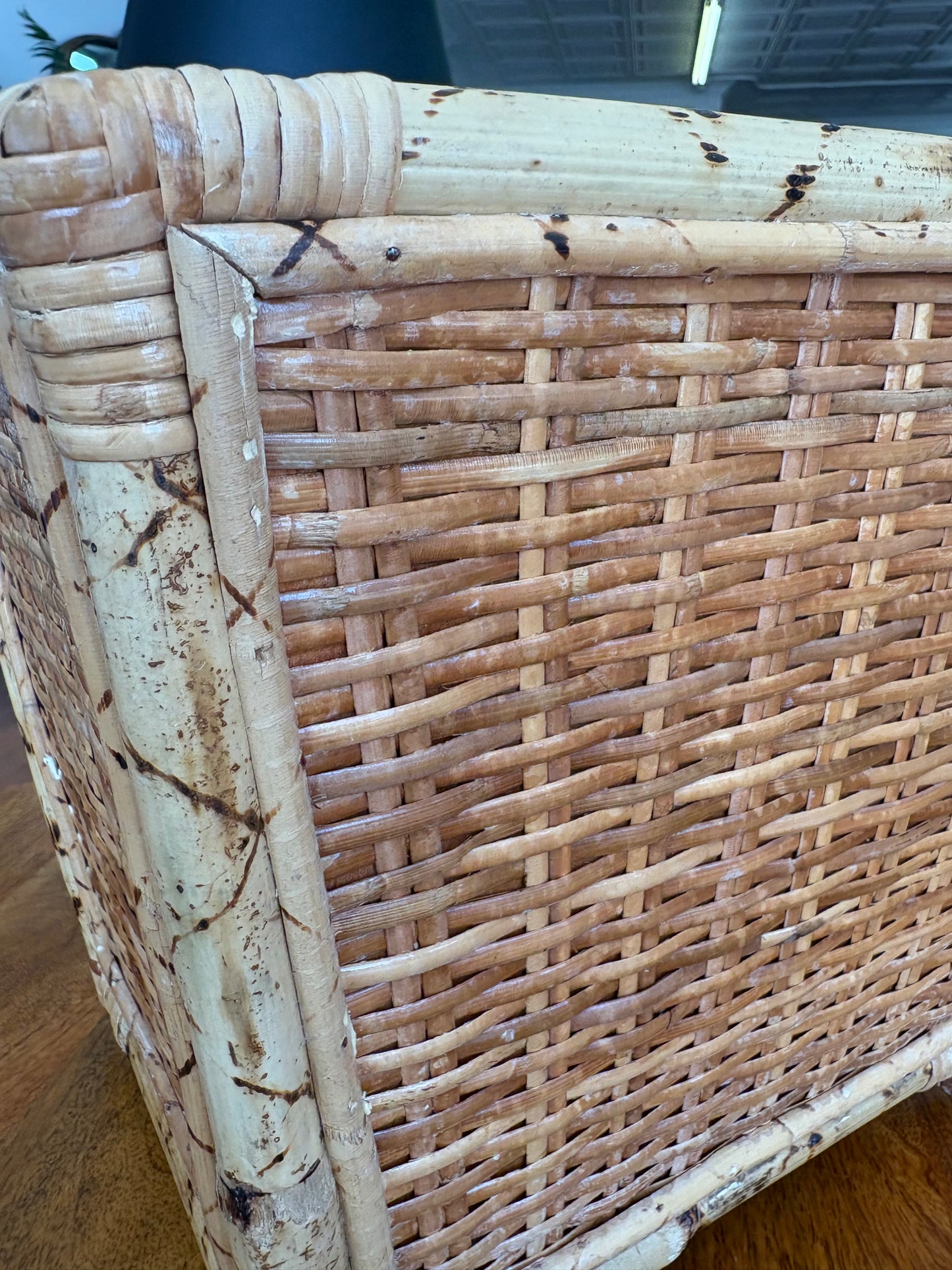 Vintage Bamboo & Wicker Wastebasket or Planter – Boho Mid-Century Charm