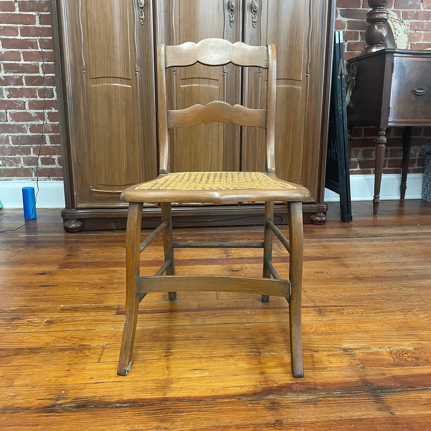 Vintage Ladder Back Wood Chair with Handwoven Cane Seat